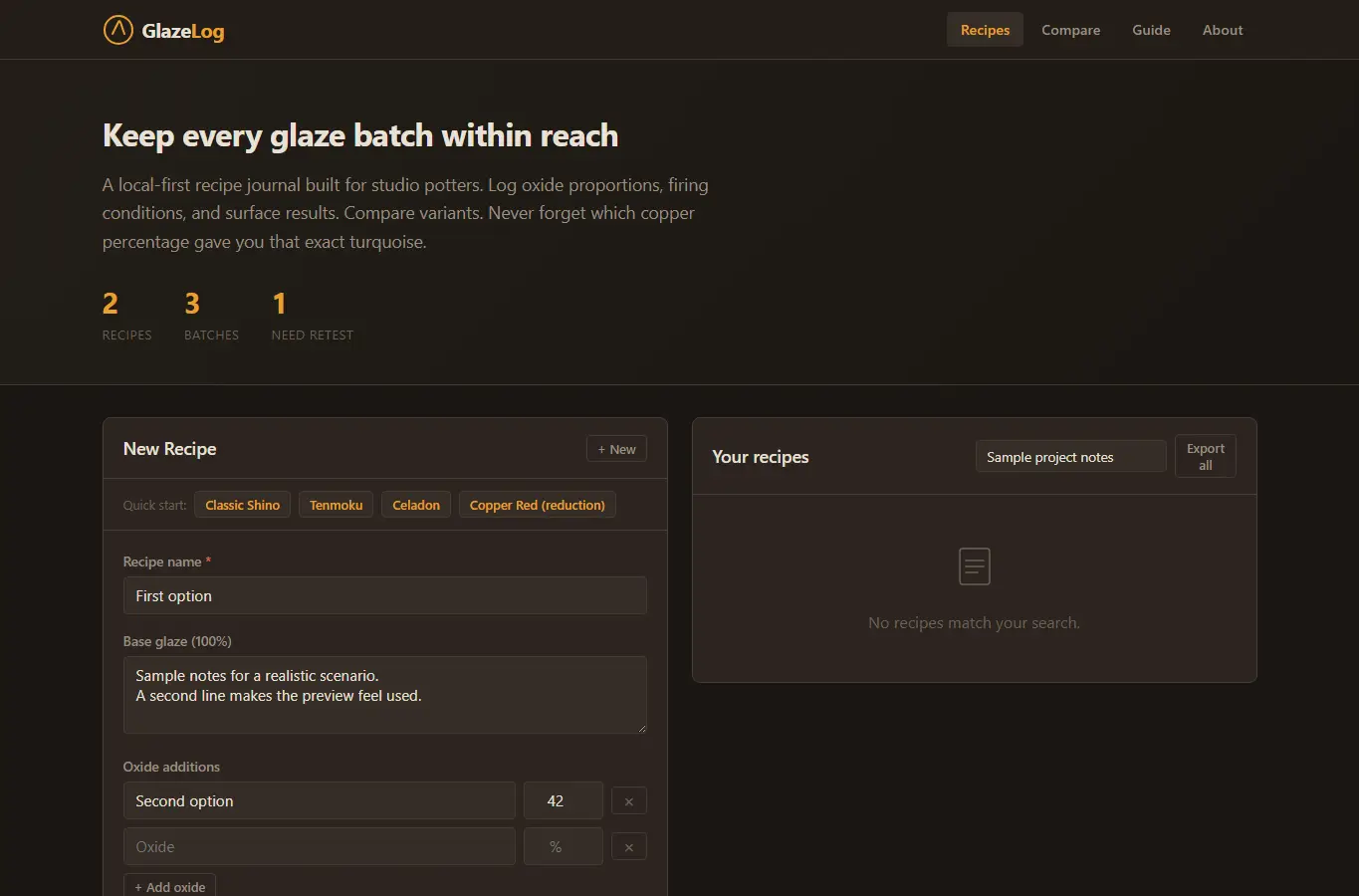 Screenshot of Ceramic Glaze Recipe Tracker interface showing the project page in use